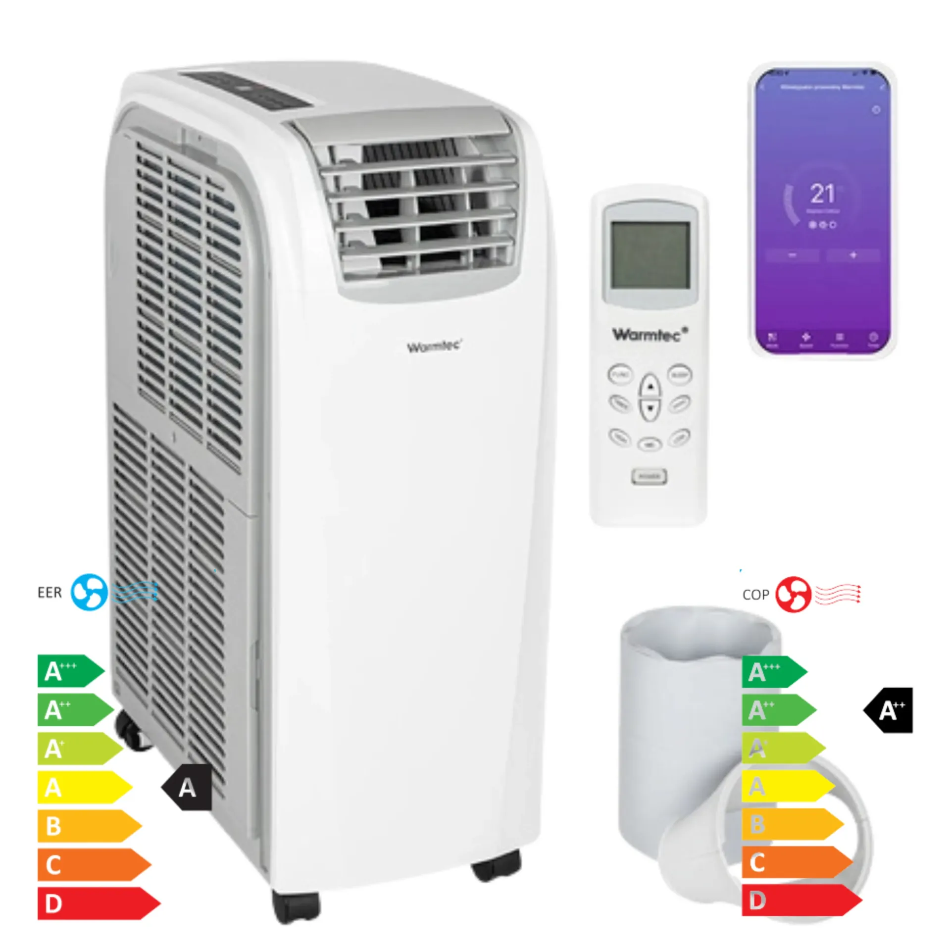 Climatiseur portable Warmtec Morso+ KP40W avec Wi-Fi, 4000W, pour des pièces jusqu'à 46 m², 4 modes de fonctionnement, A (refroidissement) / A++ (chauffage)
